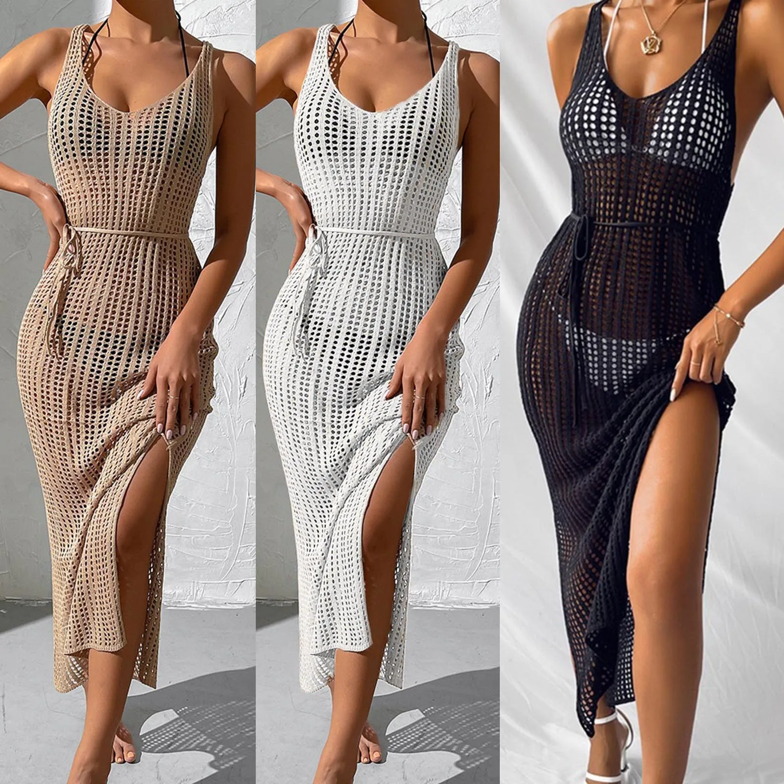 Robe de plage dos nu avec ceinture et fentes latérales pour femme, cover-up pour bikini, chemisier creux, document solide, vacances