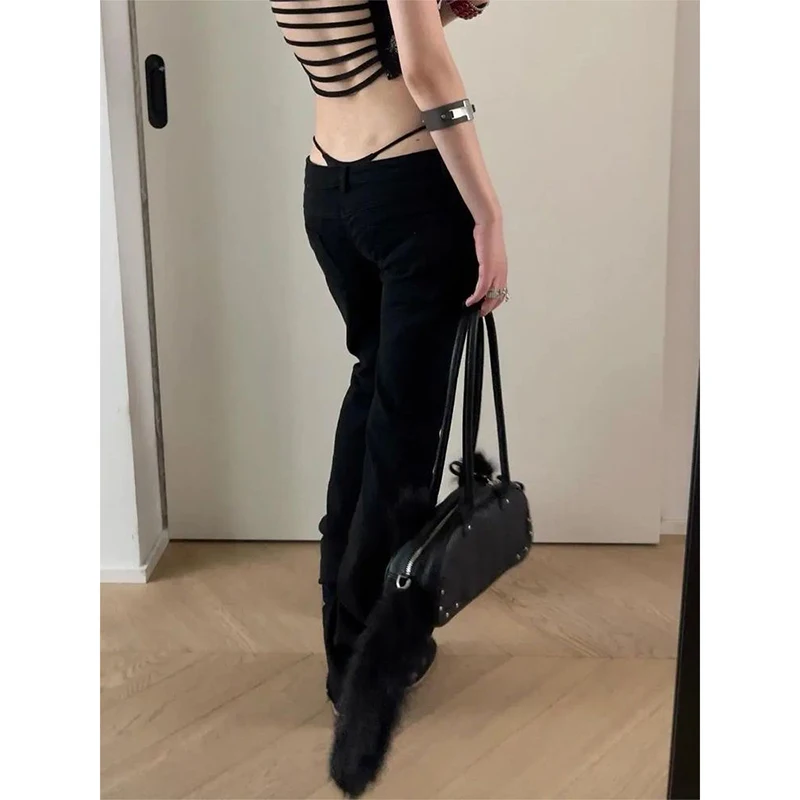 Jean évasé noir taille basse pour femme, style Gyaru, rétro américain, cyberpunk coréen, coupe trompette, Y2K, skinny, patte d'éléphant, nouveauté