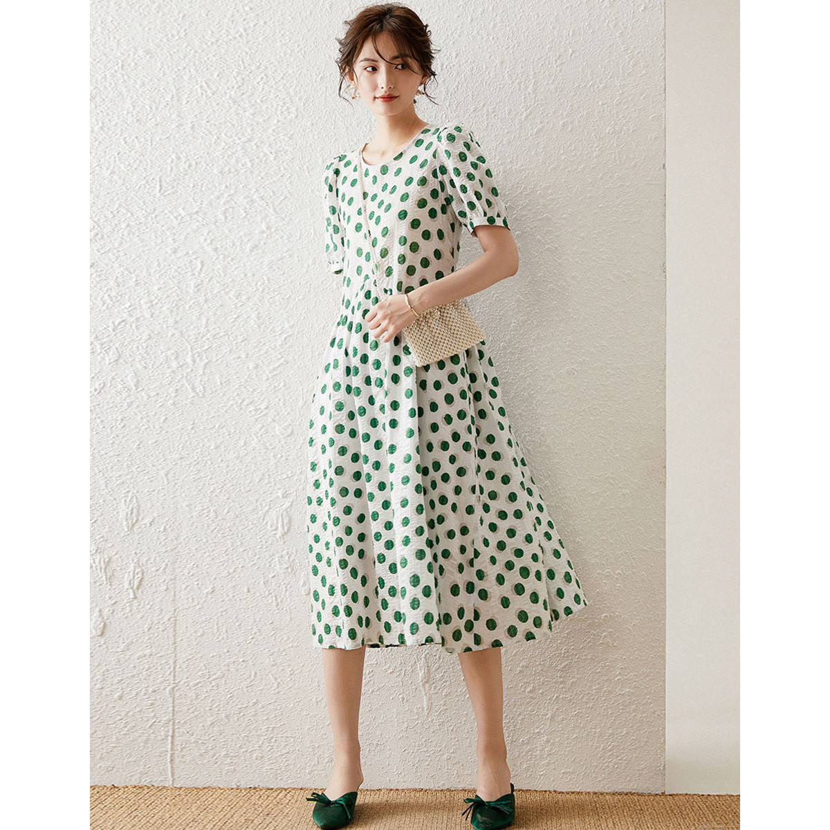 Robe décontractée LOUIS YAO à pois pour femme, collection été 2026, style vintage, manches bouffantes, col rond, manches courtes, avec lacets