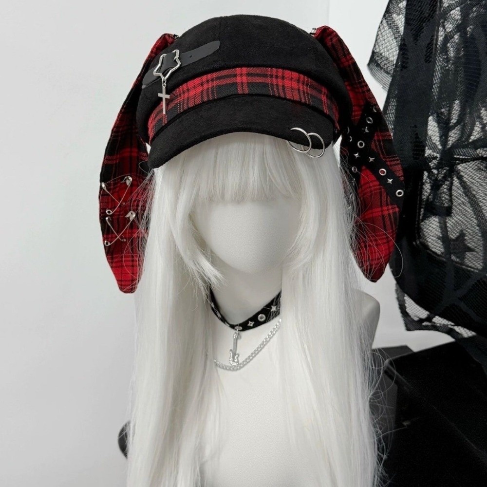 Chapeau Béret à Oreilles de Lapin Élégant à Carreaux, Chapeau Octogonal Irrégulier à Bord Fin, Casquette Gothique Punk pour Peintre et Artiste, Accessoire de Photographie