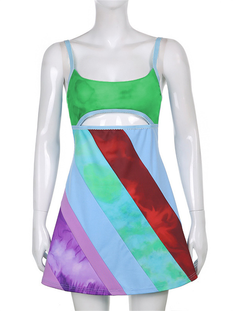 Robe trapèze à bretelles pour femmes, été, sans manches, couleur contrastée, col en U, découpe, robe moulante courte, style Harajuku, robe d'été, nouveauté 2022