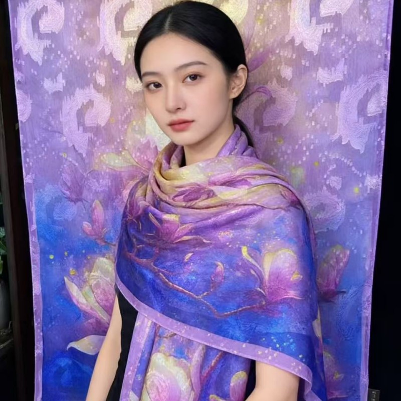 Écharpe en soie à imprimé floral haut de gamme pour femme, longue écharpe double face, style coréen, soie Xiangyun, style chinois, écharpe à fleurs découpées