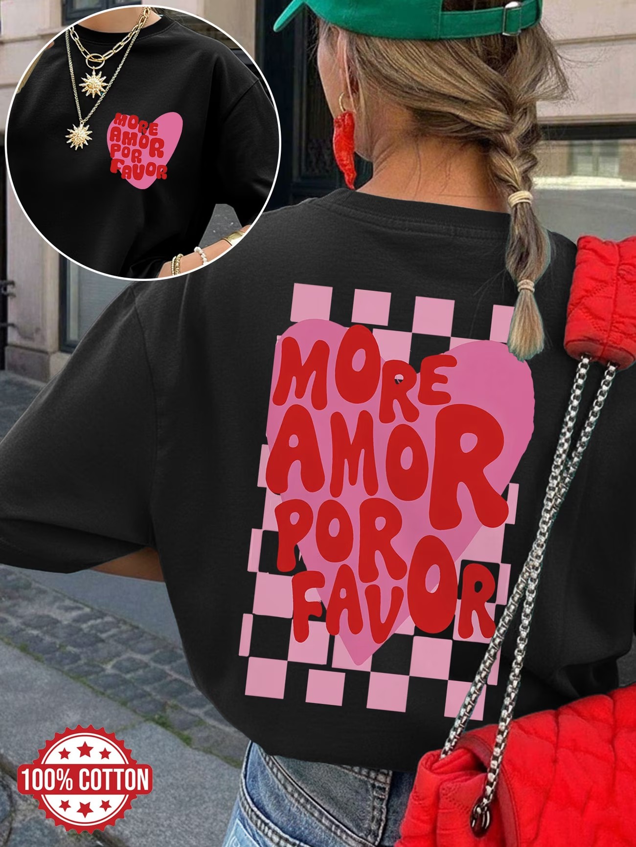 T-shirt ample en coton pour femme, motif 'Amor Por Favor' rétro espagnol, décontracté d'été, style esthétique, vêtements pour femme