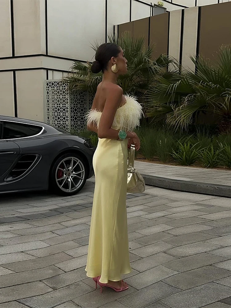 Robe Maxi en Satin uni à franges pour femmes, élégante, sans bretelles, sans manches, taille cintrée, robes longues, vacances d'été, nouvelle collection 2025
