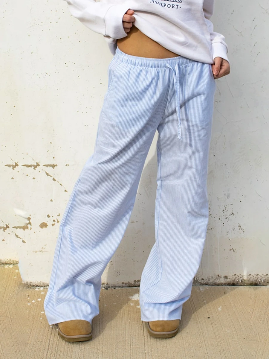 Pantalon décontracté à imprimé rayé pour femme, taille élastique, pantalon droit avec poches, bas de sommeil, vêtements de maison coréens