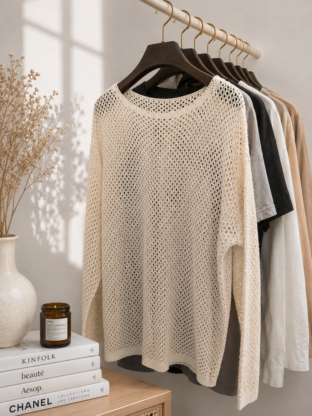 Pull à manches longues en tricot ajouré pour femme, style décontracté et polyvalent, couleur unie, col rond, pour le printemps et l'automne.