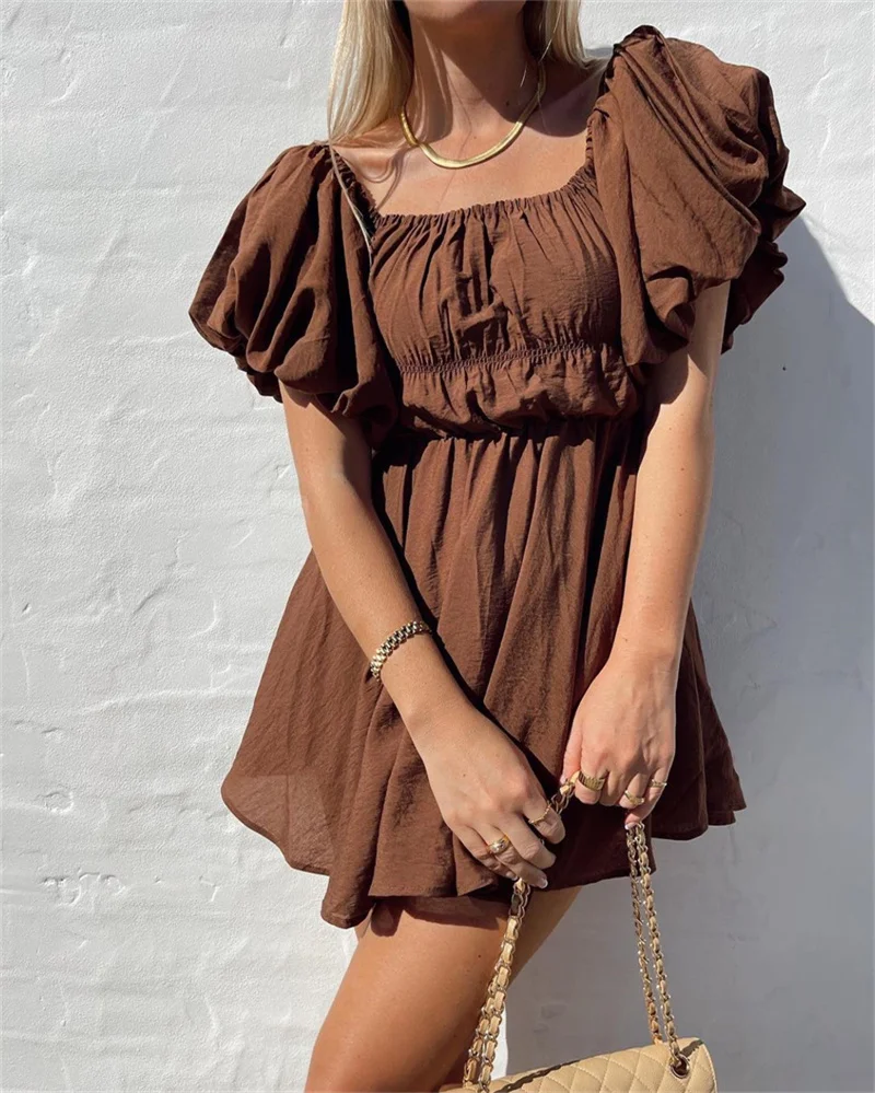 Robe d'été décontractée pour femmes, mode Sexy, couleur unie, élégante, manches courtes bouffantes, épaules dénudées, tunique, marron/blanc