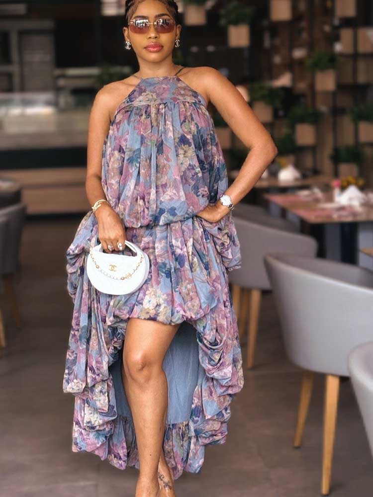 Robe de plage pour femme, élégante et douce, longue, à fleurs, d'été, chic, à épaules dénudées, plissée, col halter, longue robe de vacances