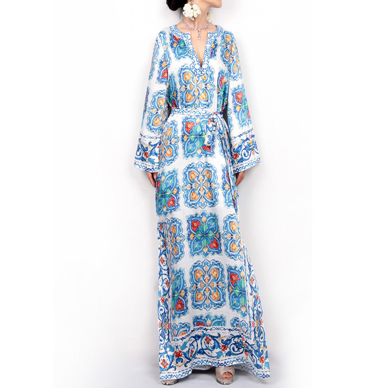 Robe bohème à manches longues pour femmes, motif vintage imprimé, taille haute, décontracté, fente latérale, robes de plage, nouveau, 2025