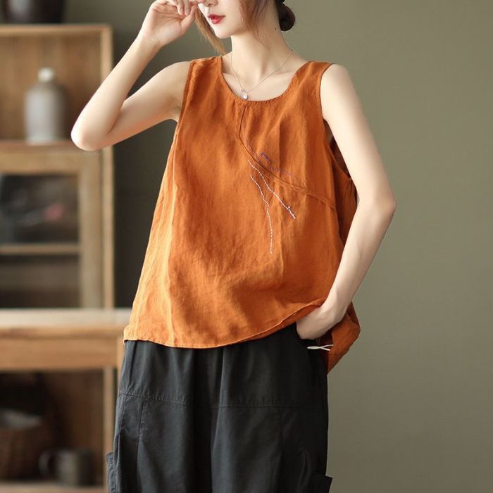 Haut sans manches brodé polyvalent et décontracté pour femme grande taille – Collection été – Vente flash