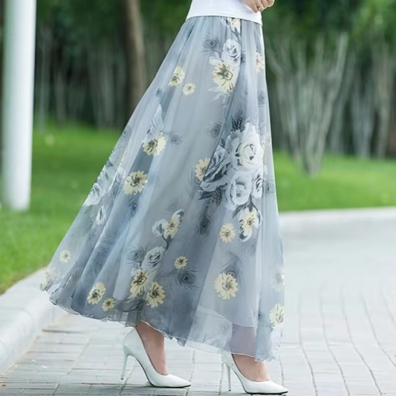 Taille haute femmes été automne jupes en mousseline de soie taille élastique Midi pleine jupe longue imprimer a-ligne mère danse balançoire jupe DURIKIES