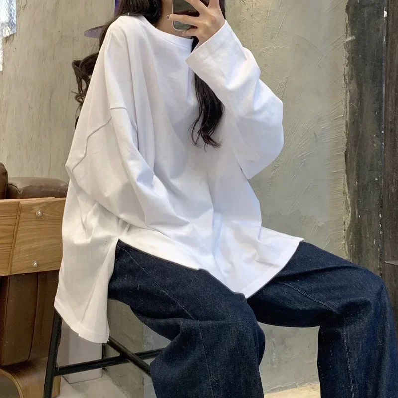 Harajuku T-shirt Long printemps automne solide Simple surdimensionné T-shirt pour femmes Goth T-shirts fendu blanc noir à manches longues hauts