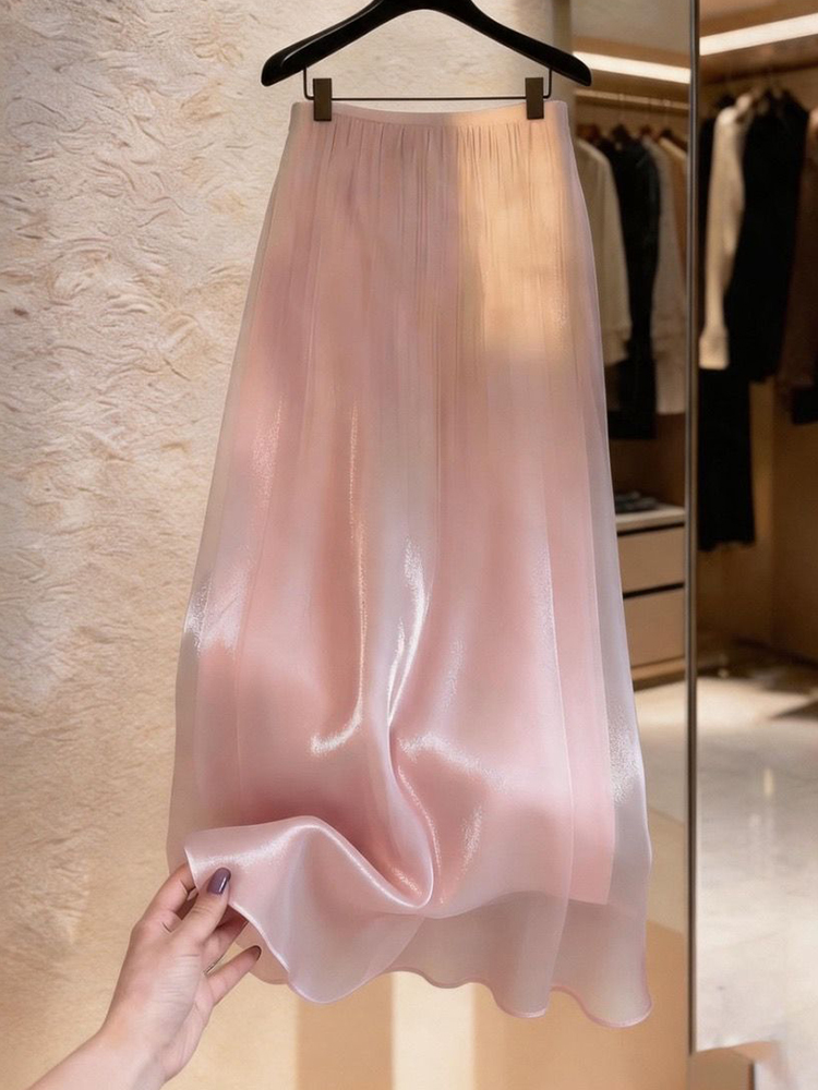Jupe longue rose élégante pour femme, style doux et tendance, en tissu perlé, coupe ample, taille haute, chic d'été, style preppy, jupe de danse Ins