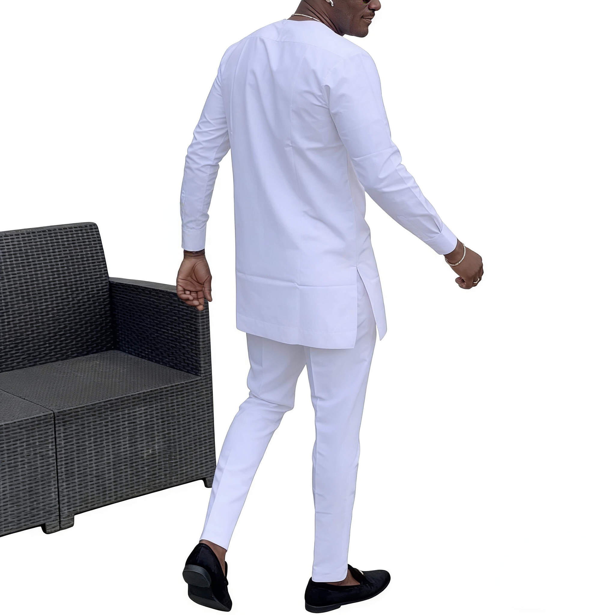 Ensembles pour hommes, hauts et pantalons à manches longues, blanc uni, Design Original, costumes sur mesure, Couture africaine, vêtements de fête
