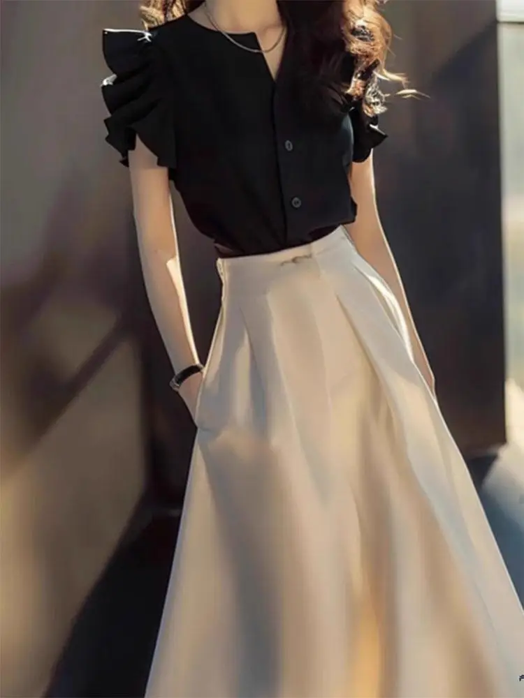 Tenue de plage en mousseline de soie pour femmes, jupe à manches longues, ensemble 2 pièces noir, élégant, décontracté, élégant, vêtements Y2k, Chic, nouvelle collection assortie