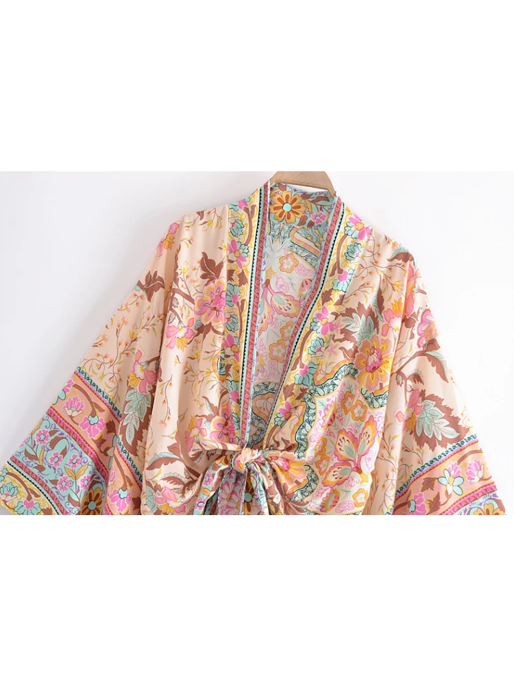 Kimono court imprimé floral paon pour femme, manches chauve-souris, coton rayonne, mode vintage, robe de plage pour femme, bikini Boho, couvertures