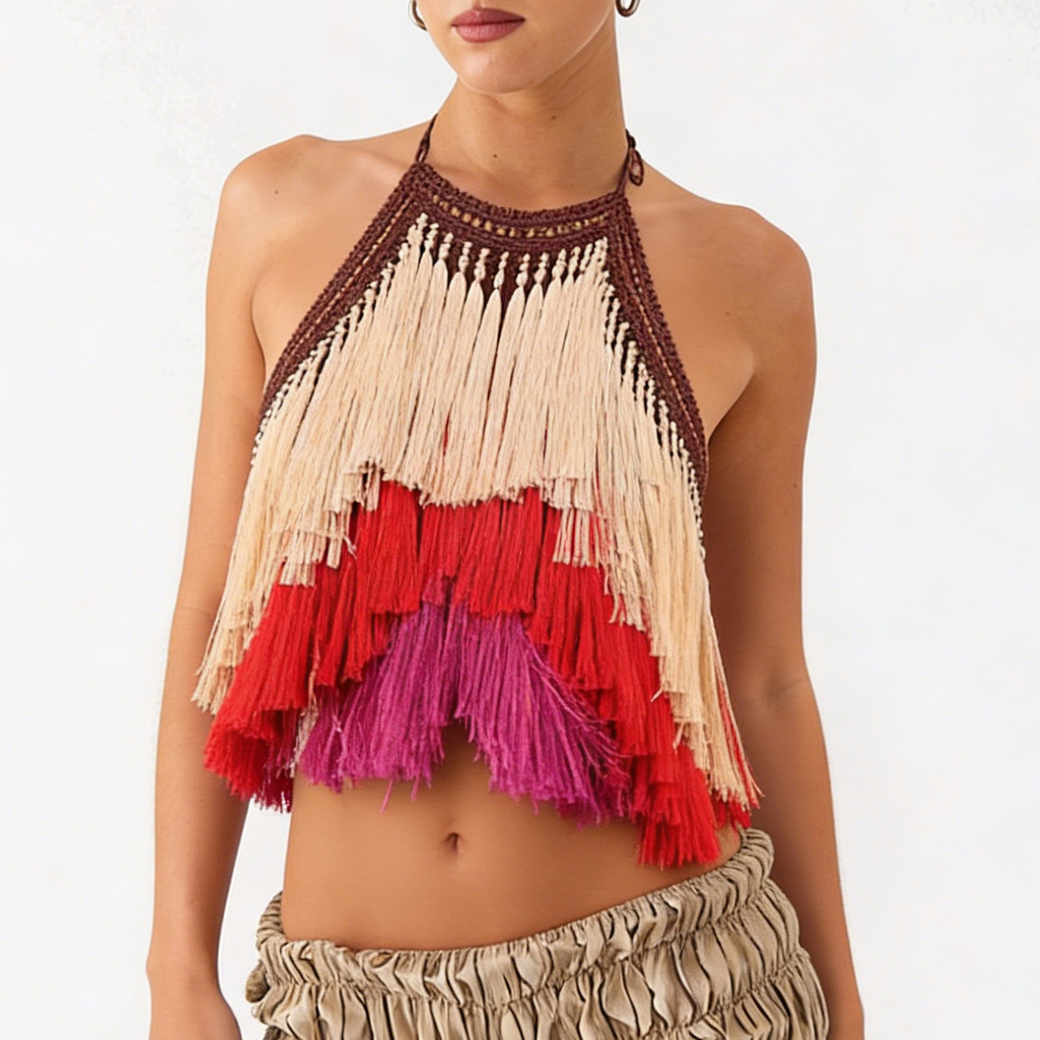 Nouveauté 2026 – Débardeur court en tricot pour femme, style bohème sexy, dos nu, sans manches, avec franges, couleur contrastante, idéal pour l'été et les festivals