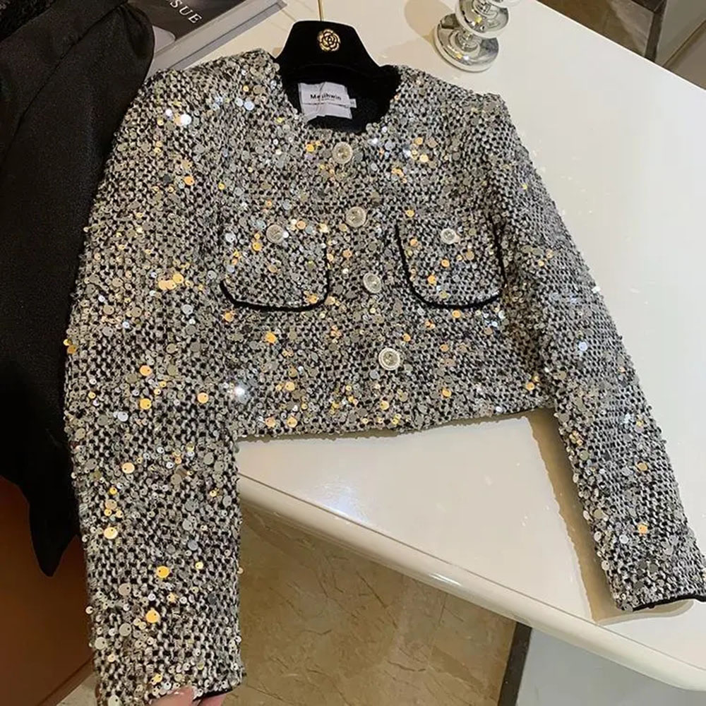 Veste à paillettes vintage pour femmes, vestes courtes argentées, manteau élégant pour dames de bureau, mode coréenne, printemps, chic, 2024