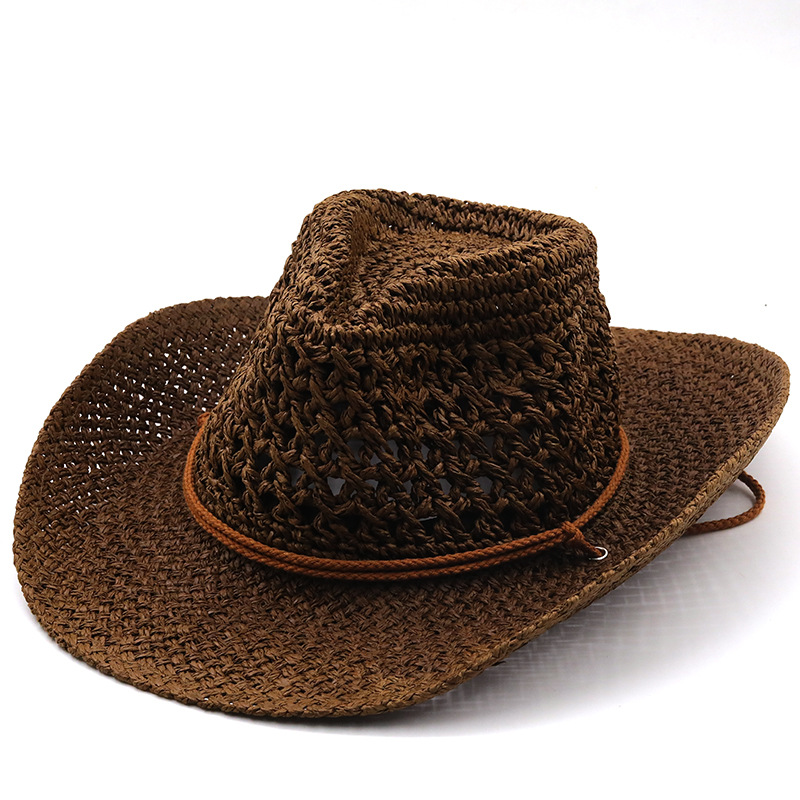 Chapeau de cowboy à grande avant-toit ajouré de style ethnique, chapeau de plage de printemps et d'été, chapeau de protection solaire en plein air, chapeau d'herbe