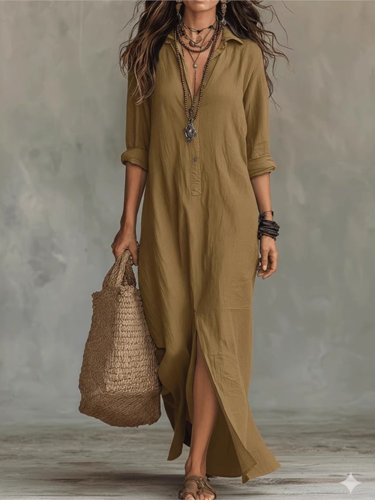 Robe longue décontractée blanche pour femme, style bohème d'été, col rabattu, boutons, manches longues, fendue, idéale pour la plage et les vacances