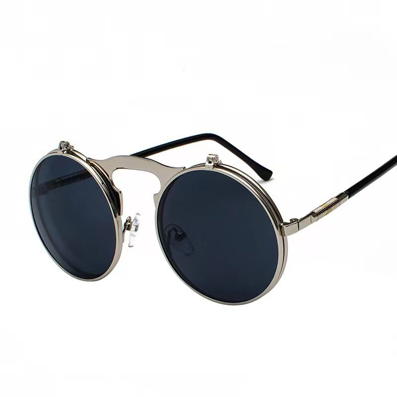 Lunettes de soleil rondes rétro steampunk rouges pour hommes et femmes, monture en métal doré, style gothique punk, pour fêtes et cosplay