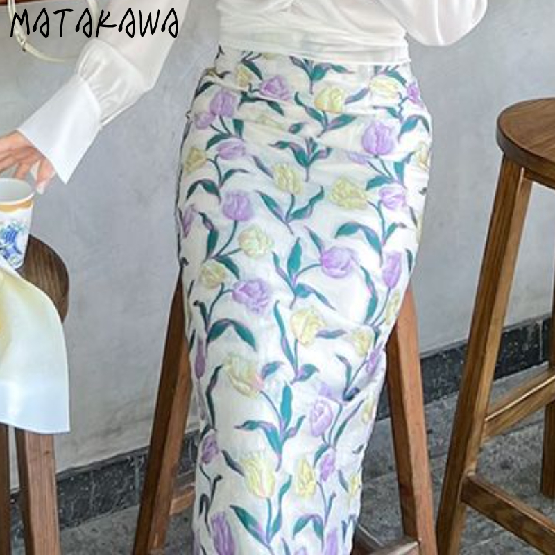 Matakawa-Jupes florales jacquard pour femmes, printemps, été, doux, mode coréenne, dame de bureau élégante, longue