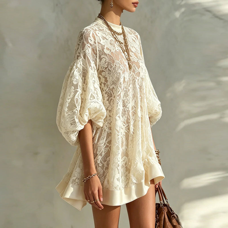 Robe courte ample en dentelle florale bohème pour femmes, col rond, manches bouffantes, bordure unie, ourlet à volants, robe transparente, sexy, pour la plage, les vacances quotidiennes.