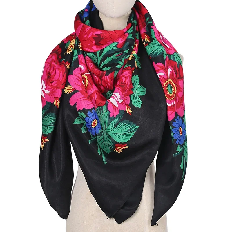 Foulard carré imprimé 140x140cm pour femmes, Style rétro russe, châle à fleurs, mouchoir Babushka, grand Hijab, enveloppe de tête