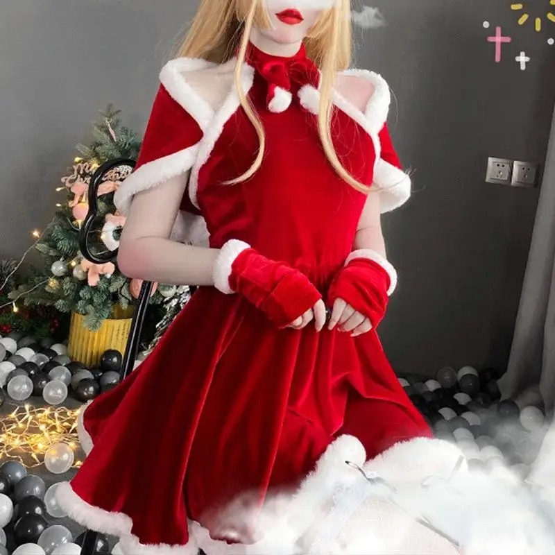 Costume de cosplay de Noël, robe, accessoires, tenue rouge du Nouvel An, cape, carnaval, tenue de fête sur le thème de Noël pour femmes adultes