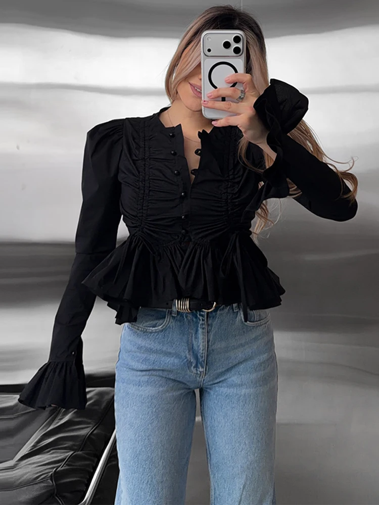 Chemisier plissé uni décontracté à volants pour femme, manches bouffantes courtes, simple boutonnage, collection Printemps-Été 2026