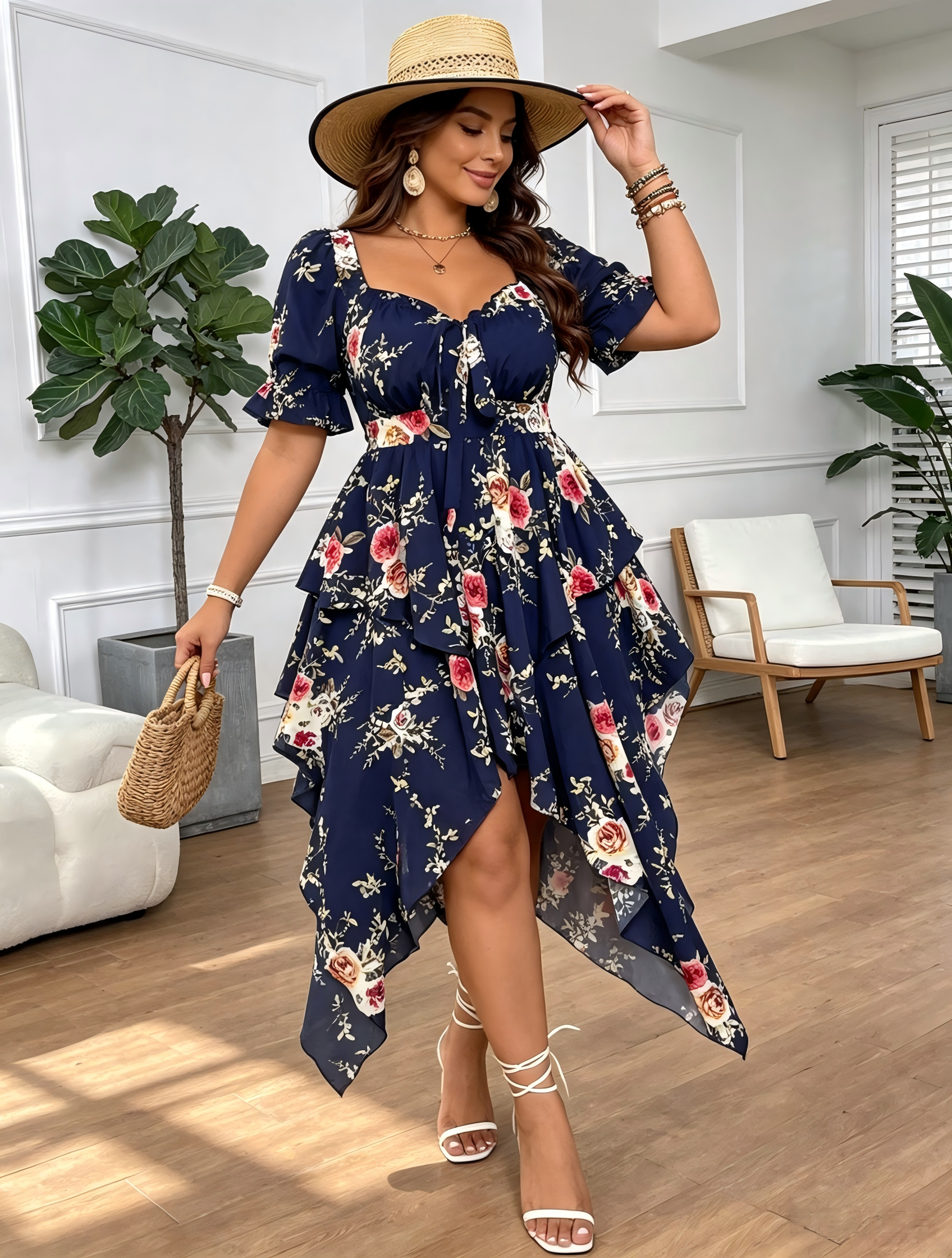Robe bohème à volants superposés pour femmes grandes tailles, à col carré floral, manches courtes bouffantes, taille haute et ourlet irrégulier.