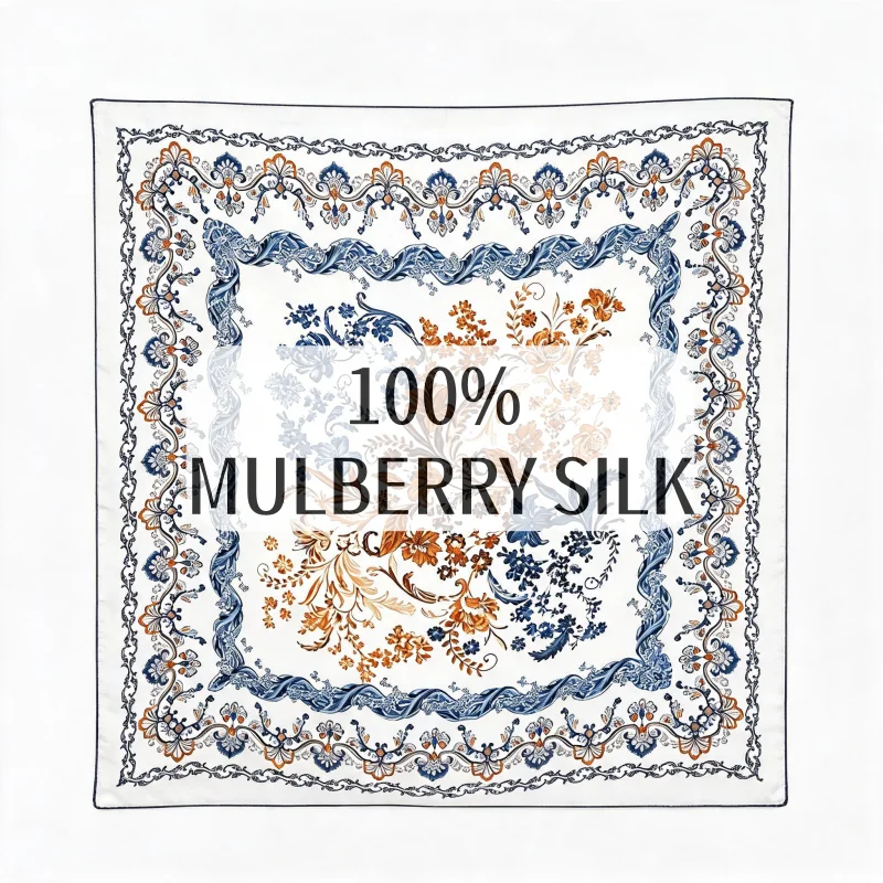 Foulard carré de luxe 100% soie de mûrier 70cm, imprimé floral baroque rétro, foulard de cou, foulard de tête, décoration de sac, cadeau quotidien pour femmes