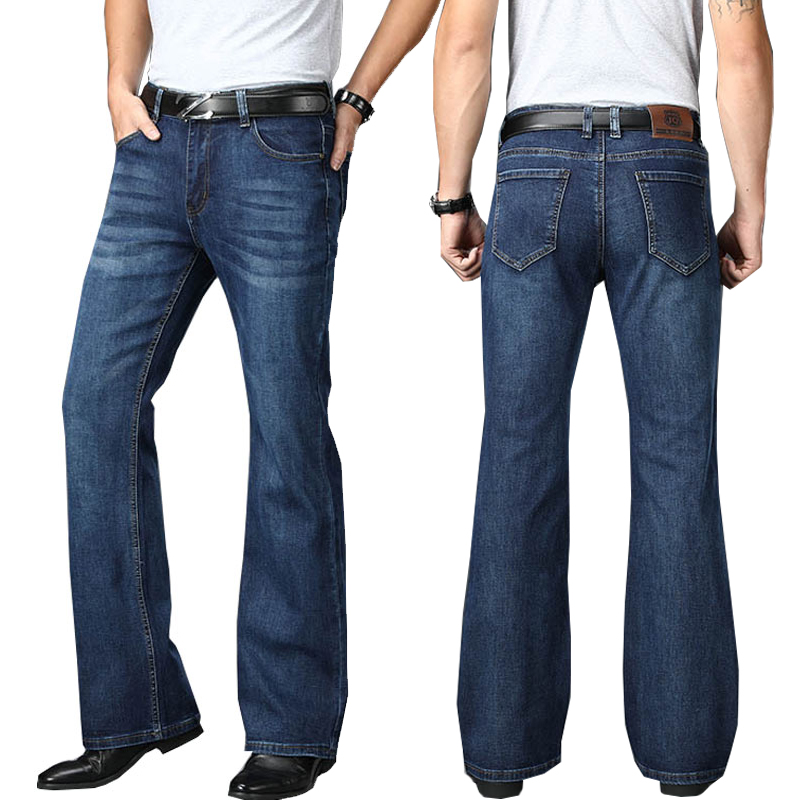 Jeans pour hommes, coupe évasée, coupe bootcut, jeans en denim classique de créateur, taille haute, extensibles, amples, bleus