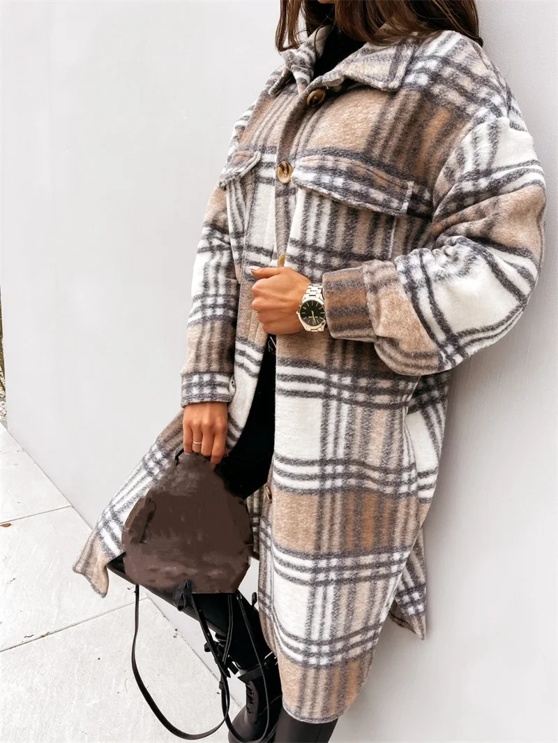 Femmes vérifier Tweed chemise longue automne hiver épaissi chaud simple boutonnage Cardigan Blouse femme décontracté Double poches vêtements d'extérieur