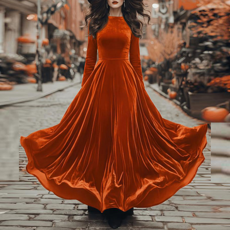 Robe longue élégante en velours coupe A-line pour femmes, col rond, manches longues, taille haute, longueur au sol, fluide, robe de soirée unie pour l'automne.