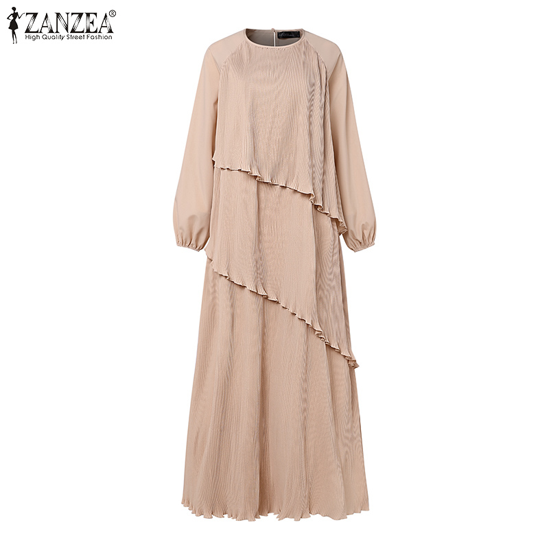 Robe longue plissée superposée ZANZEA, style musulman, avec patchwork, manches lanternes élégantes, Abaya islamique, Hijab plissé pour femme