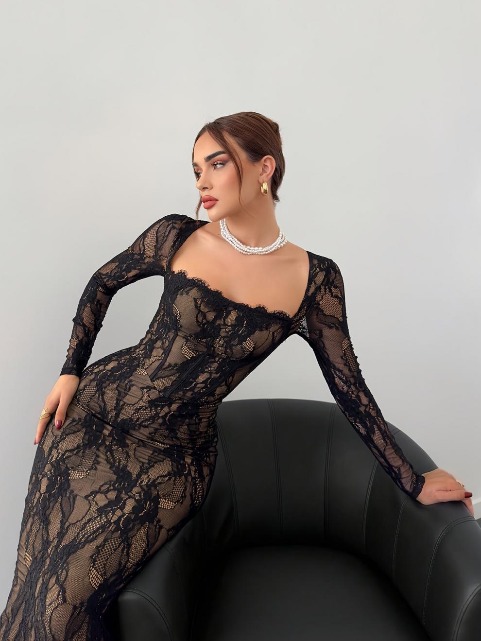Robe de Banquet élégante pour femmes, mode printemps-automne, revers, manches longues, Slim, creux, couleur unie, dentelle, fente latérale, robes de mariage