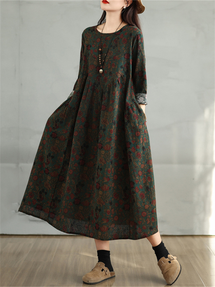 Robes en coton à imprimé floral vintage 2026 pour femmes, robe décontractée à manches longues pour le printemps et l'automne, robe élégante pour femme, vêtements