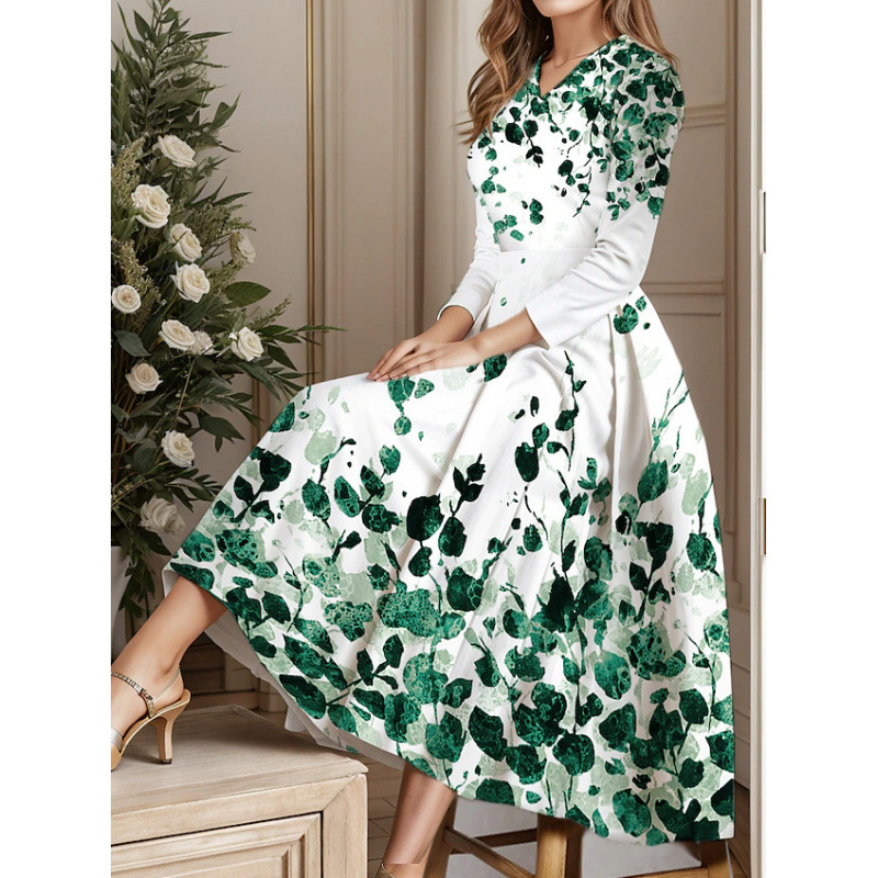 Robes pour femmes 2026 à imprimé floral, col en V, manches trois-quarts, décontractées, coupe évasée mi-mollet, vêtements pour femmes, vestidos