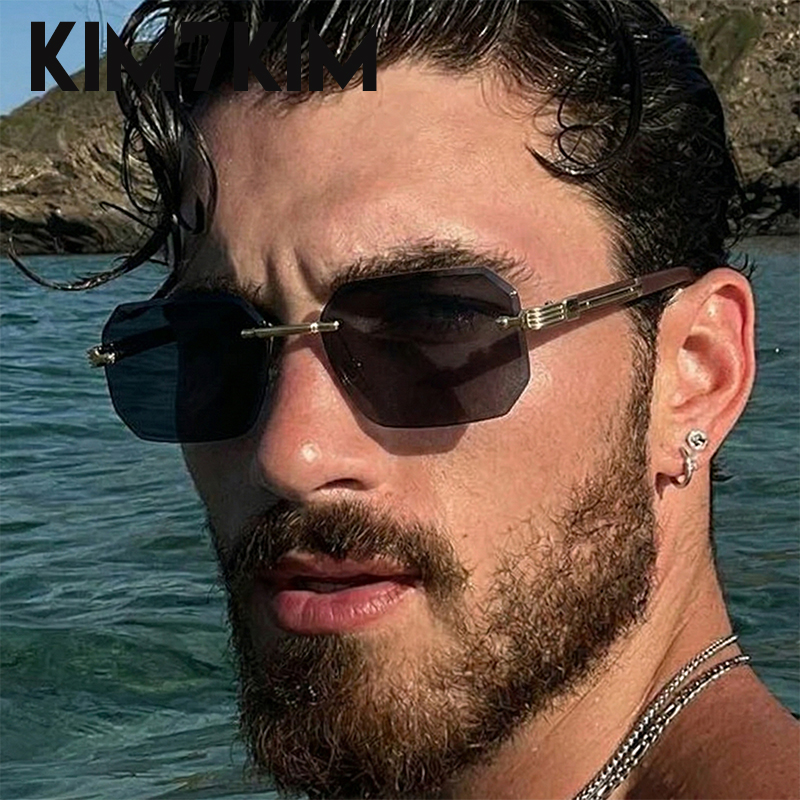 Lunettes de soleil rectangulaires sans monture pour hommes 2026 – Design de luxe, style vintage géométrique, lunettes de soleil carrées pour homme, montures rétro punk, idéales pour la conduite