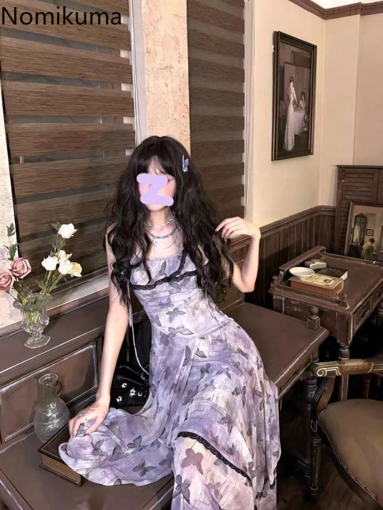 Robe tenues 2 pièces ensembles femmes vêtements dentelle chemises courtes Vintage papillon imprimé gaze robes irrégulières costume Chic ensemble d'été