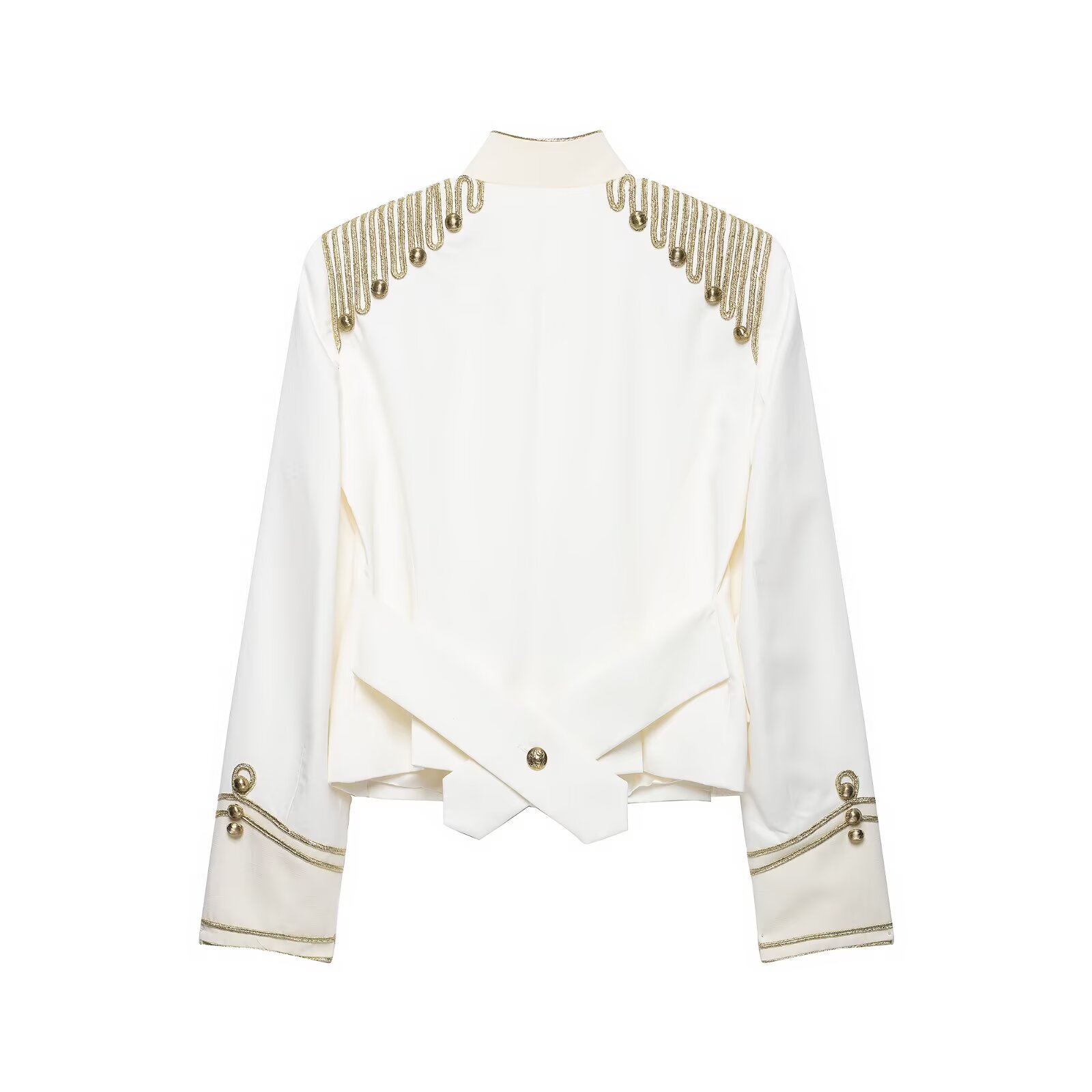 BSAY Nouvelle Veste Courte Napoléonienne Vintage pour Femme avec Broderie Chaîne Dorée, Col Montant, Poignets Contrastants, Boutons Décoratifs, Coupe Ajustée