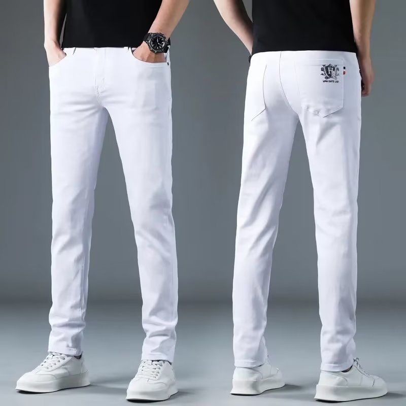 Homme coréen vêtements de créateur 2025 jean blanc hommes printemps automne imprimé étudiants mince Stretch crayon pantalon vêtements de travail pantalons longs