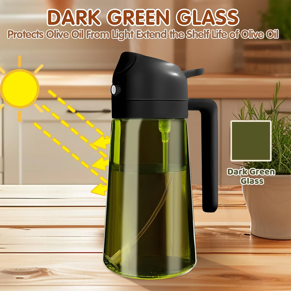 Pulvérisateur d'huile foncée bloquant la lumière 470ML/16oz pour la cuisson bouteille distributrice d'huile d'olive 2 en 1 pour la cuisine bouteille d'huile en verre vert foncé