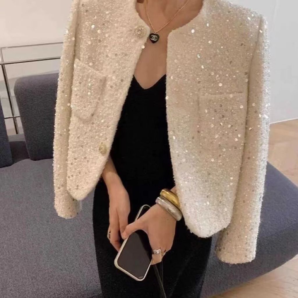 Chic paillettes doux Tweed veste femmes automne élégant à manches longues mince manteau mode coréenne col rond conception femme tout Match nouveaux hauts