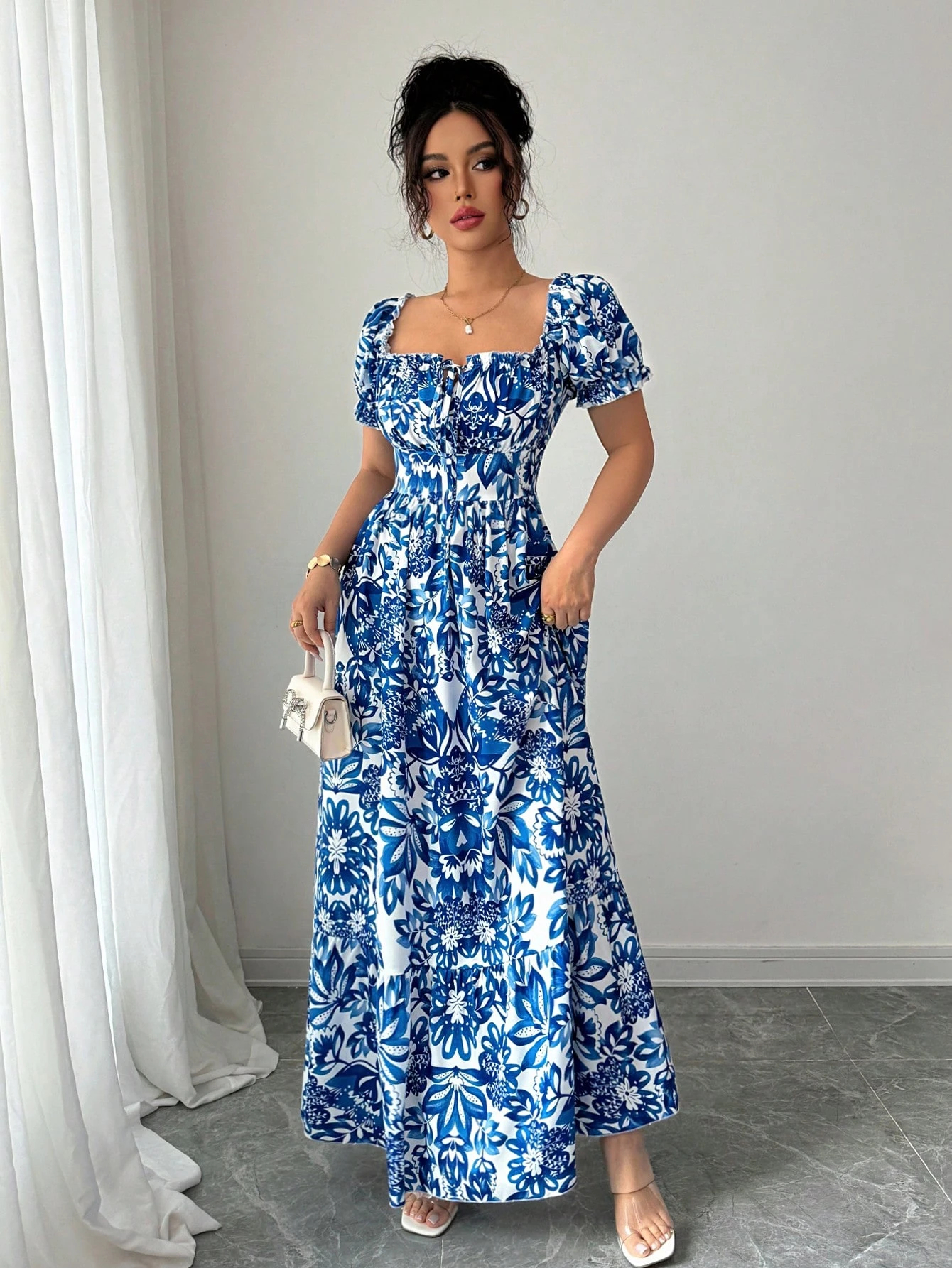 Robes décontractées pour femmes, robe à manches bouffantes à imprimé floral, robe à nouer devant, robe bohème, robe de vacances, robe de plage, robe de pique-nique, robe de soirée, robe d'été