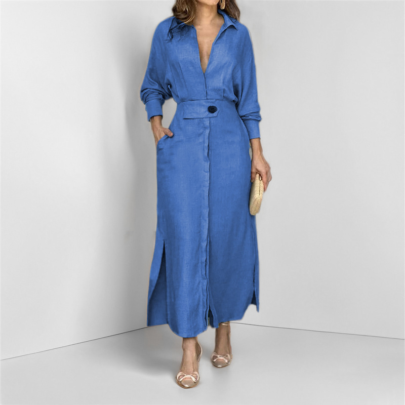 Robe femme automne nouvelle mode élégante à manches longues loisirs couleur unie col en V Sexy dames chemise robes déplacements Streetwear