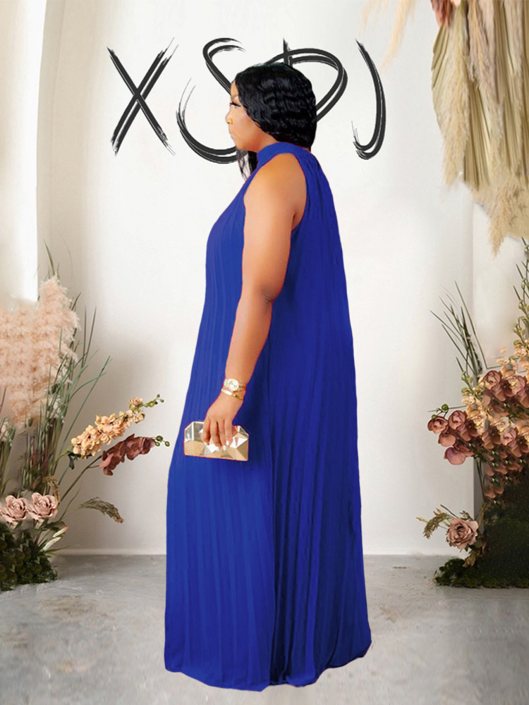 Robe longue plissée en mousseline de soie pour femme, robe de soirée élégante, grande taille, robe licou ronde, vêtements d'été sexy, grande taille