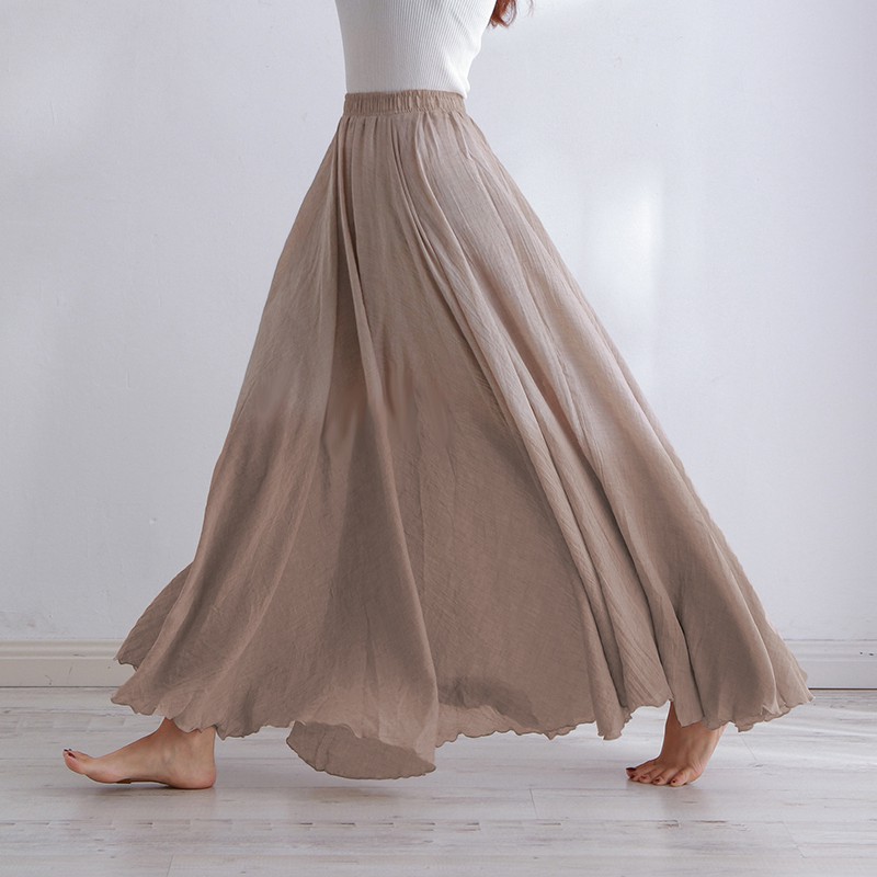 Jupe Maxi en coton et lin pour femmes, tenue de plage décontractée, taille haute, plissée, ligne a, style Boho