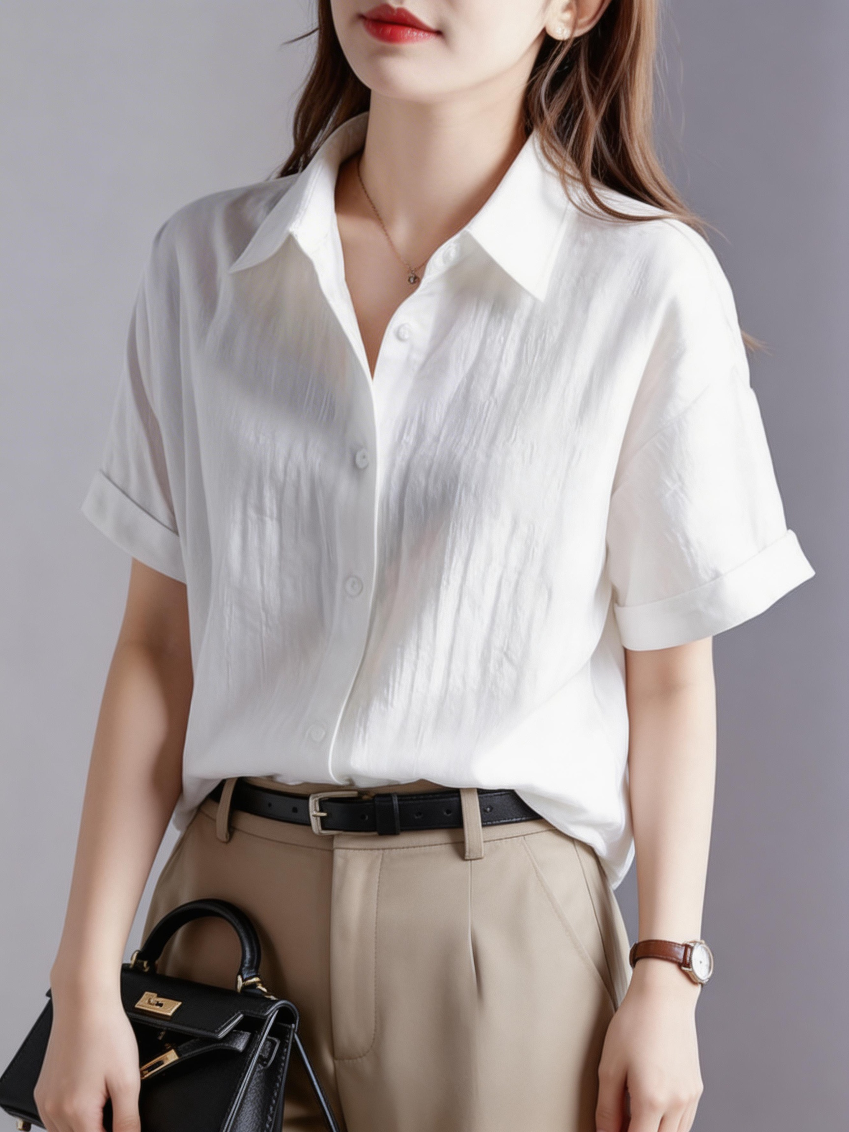 Chemise blanche décontractée pour femmes, chemisier à manches courtes et col en V, vêtements de travail de bureau, chemisier texturé respirant